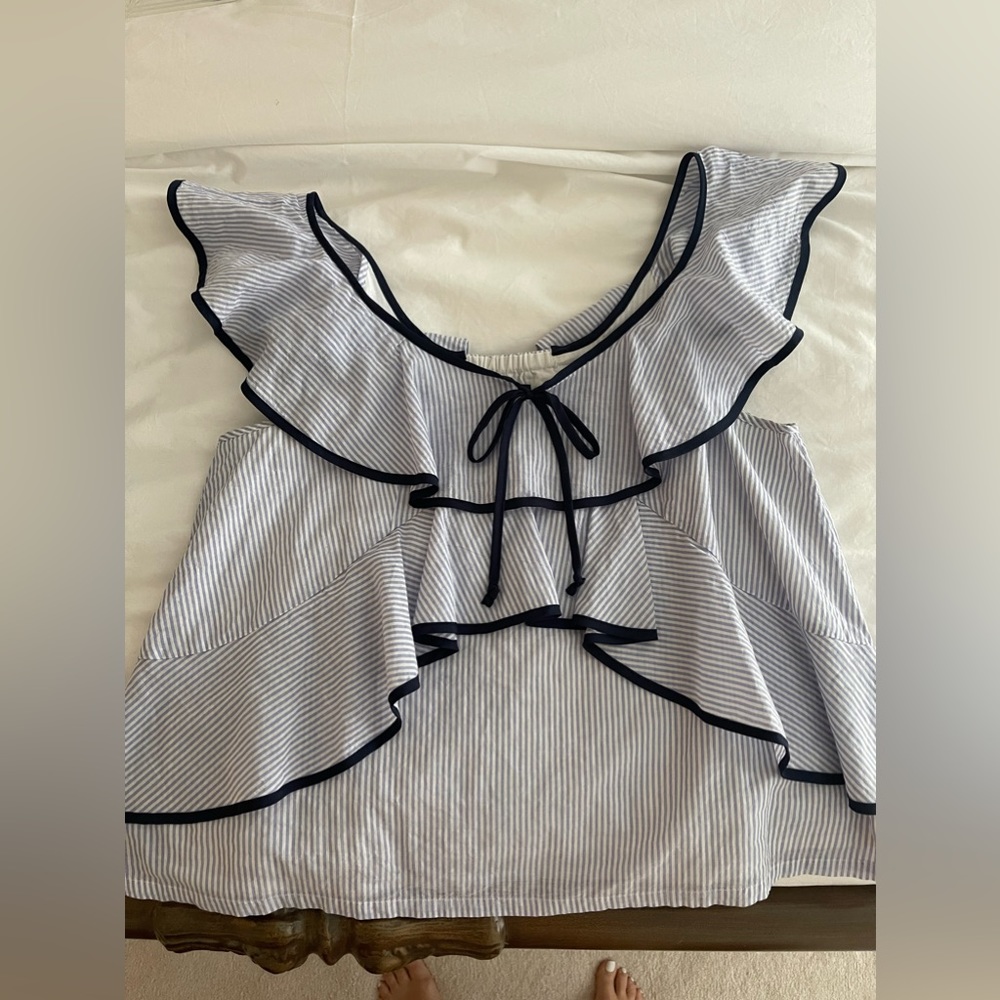 J Crew top + sear sucker + preppy + ruffled + off the shoulder